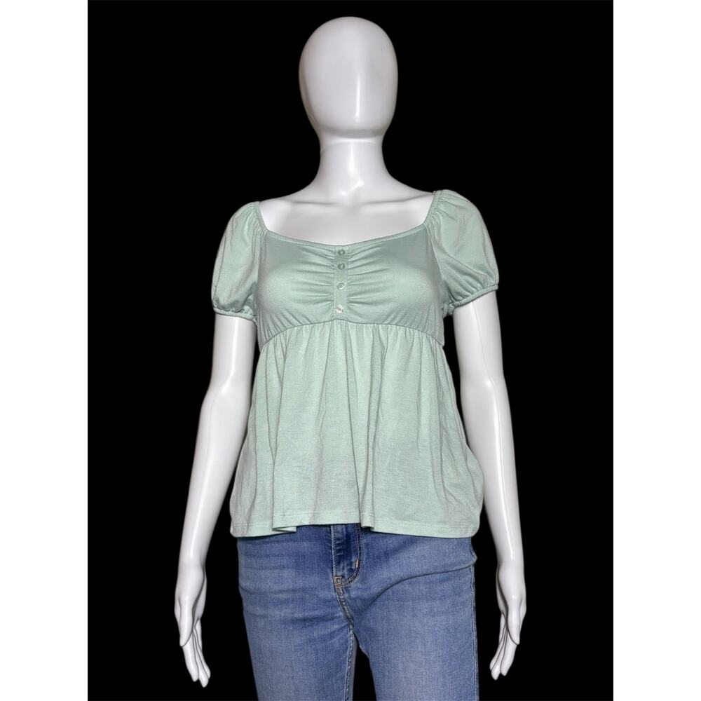 No Comment NY LA Mint Green Puff Sleeve Babydoll Top Women's Size Small